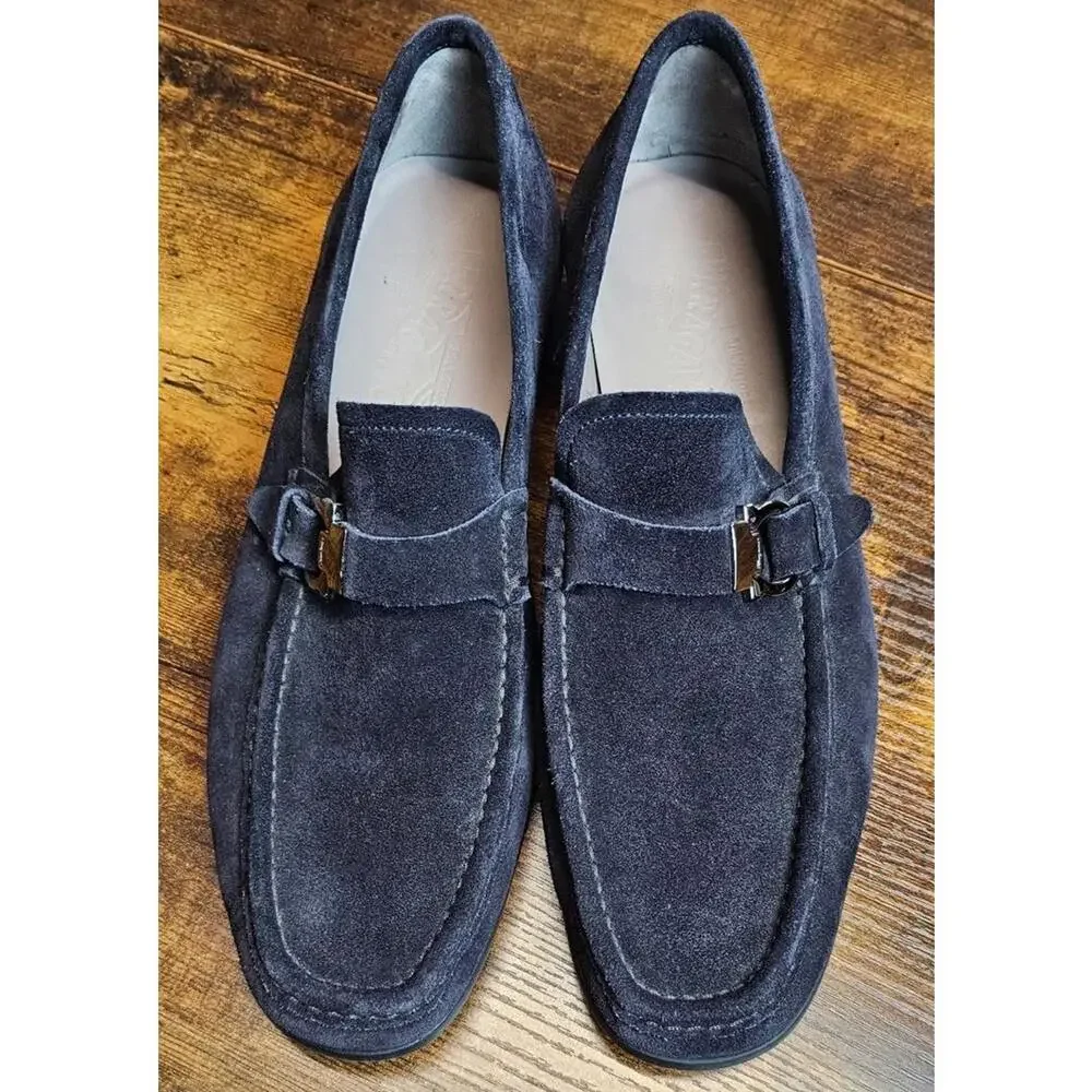 Men's Salvatore‎ Ferragamo Gancini Buckle Dark Navy Suede Loafer US Size 8.5 EUC
